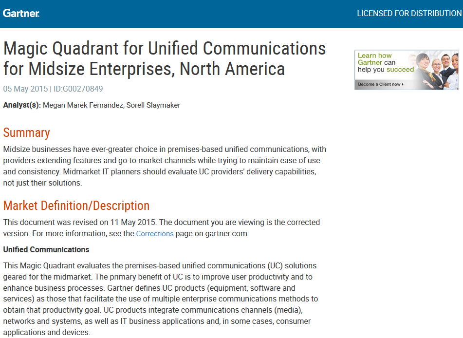 2015 Gartner Magic Quadrant: Unified Communications for Midsize Enterprises