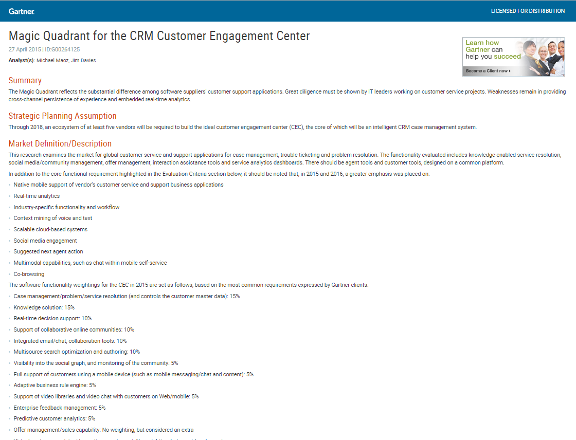 Magic Quadrant for the CRM Customer Engagement Center