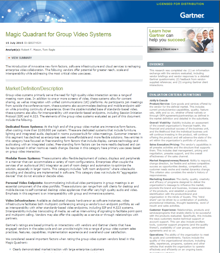 2015 Gartner Magic Quadrant: Group Video Systems Offer