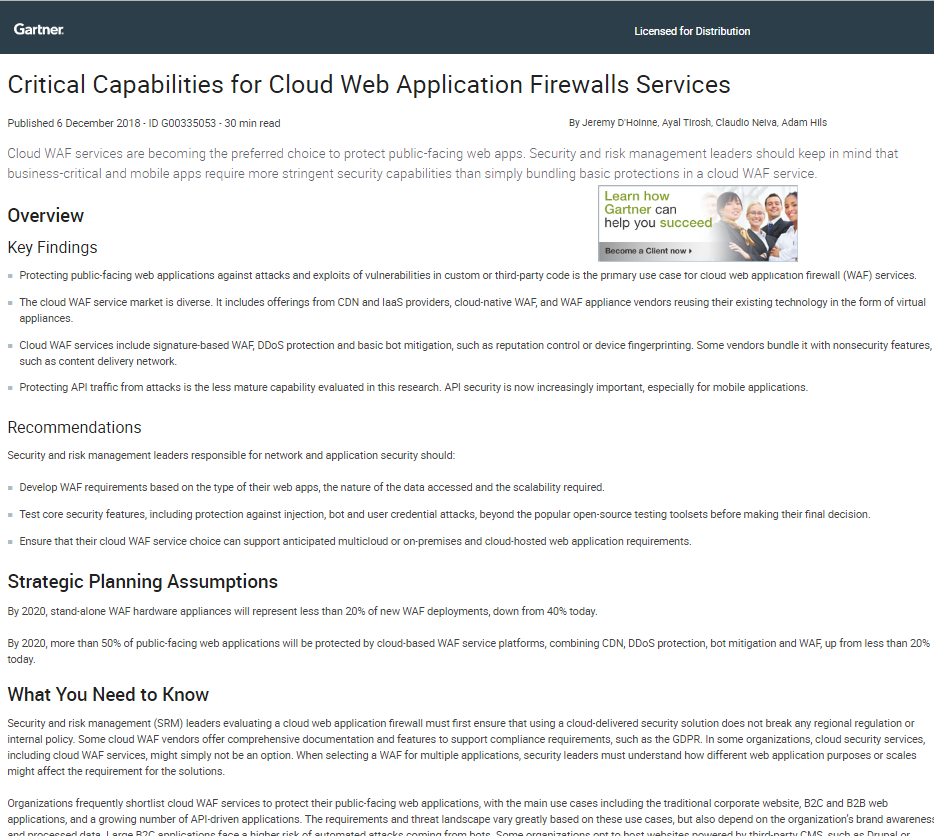The 2018 Gartner Critical Capabilities for Cloud Web Application Firewalls Services (WAFs)