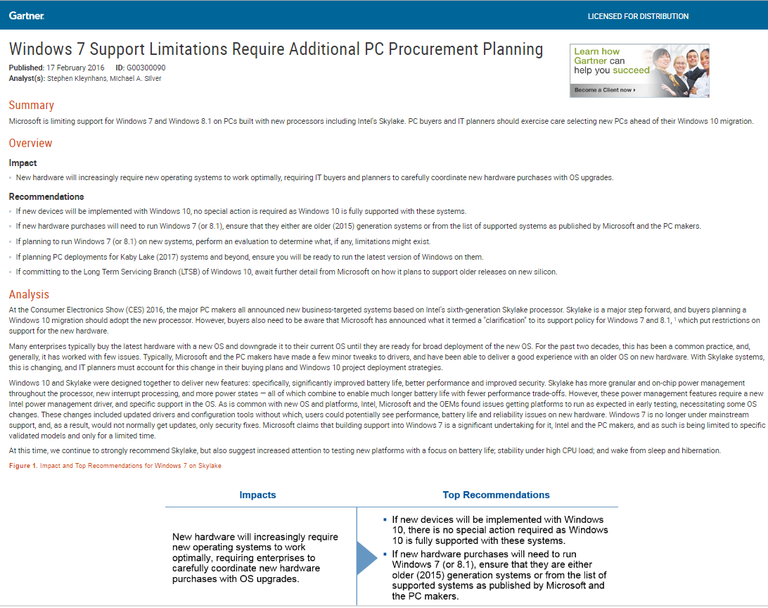 Windows 7 Support Limitations Require Additional PC Procurement Planning