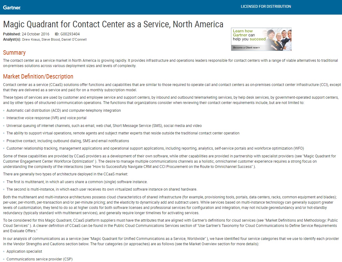 Gartner Report: Gartner Magic Quadrant for Contact Center as a Service, North America