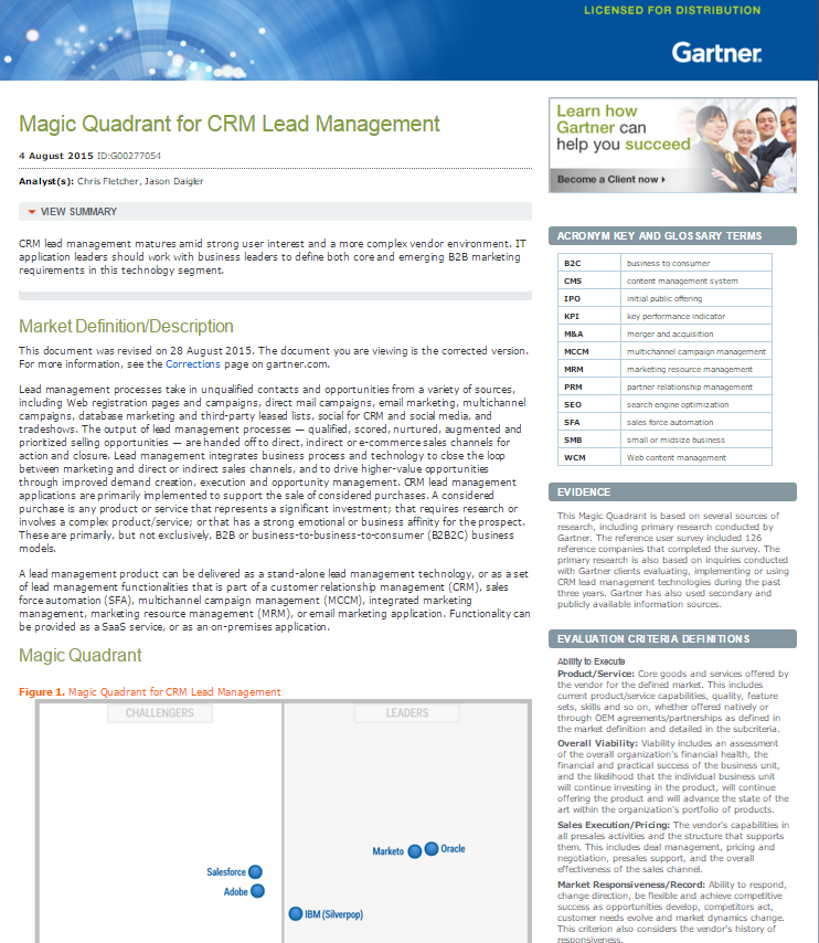 Gartner’s 2015 Magic Quadrant for CRM Lead Management