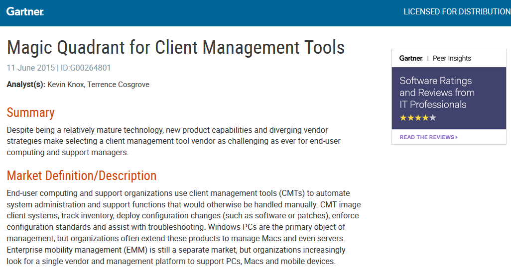 2015 Gartner Magic Quadrant for Client Management Tools