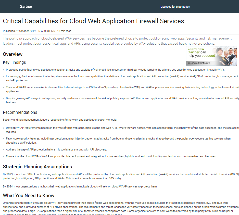 Gartner Report: Critical Capabilities for Cloud Web Application Firewall Services