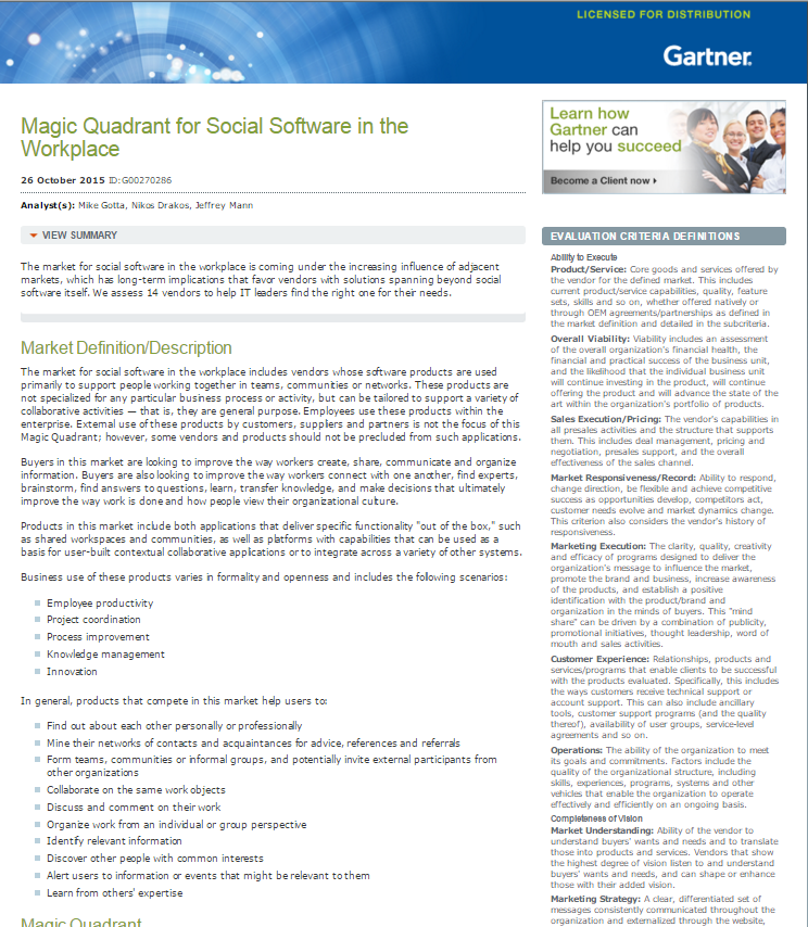 Gartner Magic Quadrant for Social Software in the Workplace
