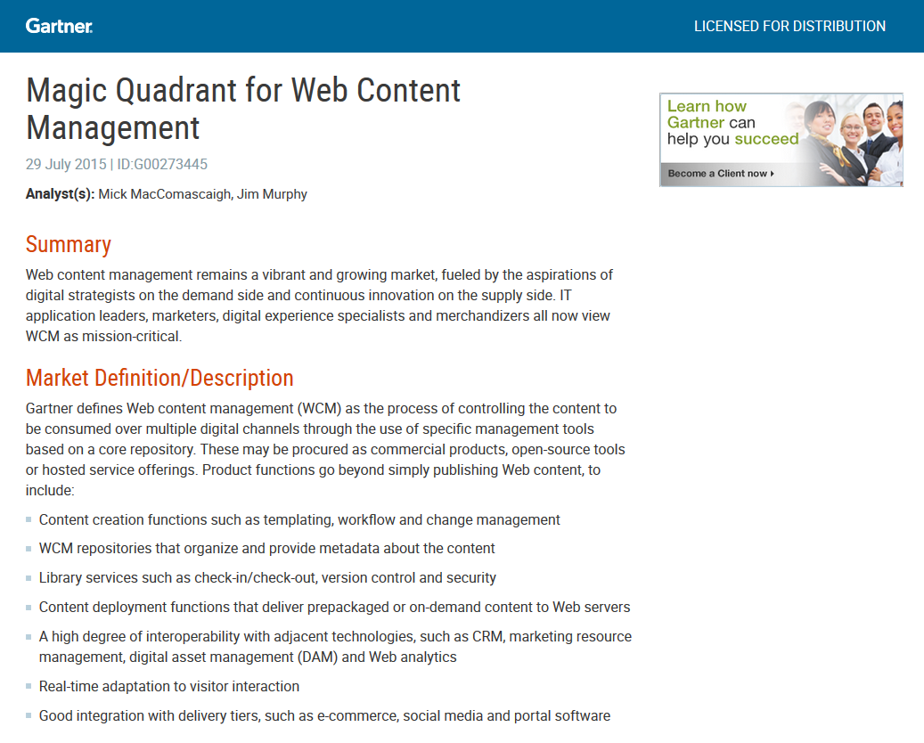 Magic Quadrant for Web Content Management