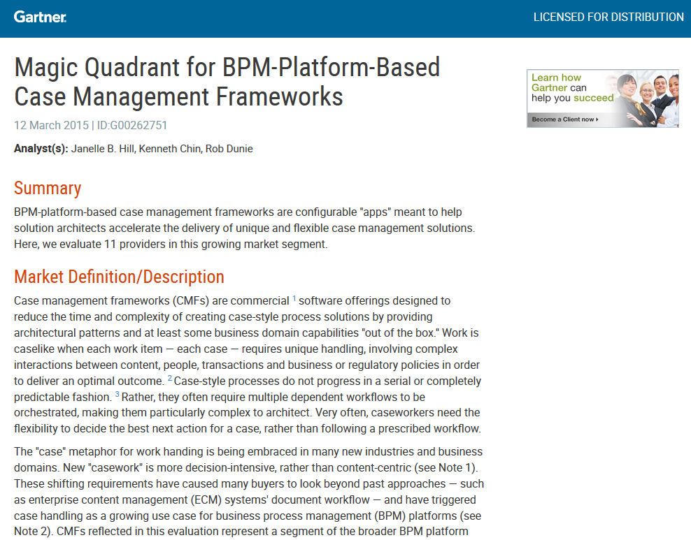 Gartner Magic Quadrant for BPM-Platform-Based Case Management Frameworks