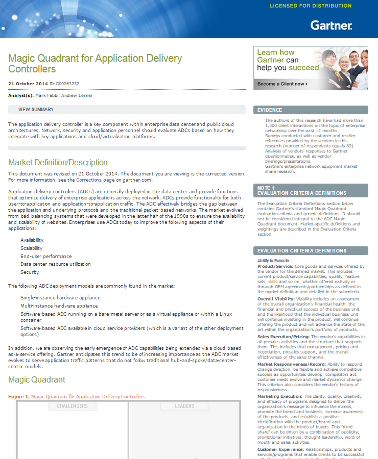 Gartner 2014 Magic Quadrant for Application Delivery Controllers