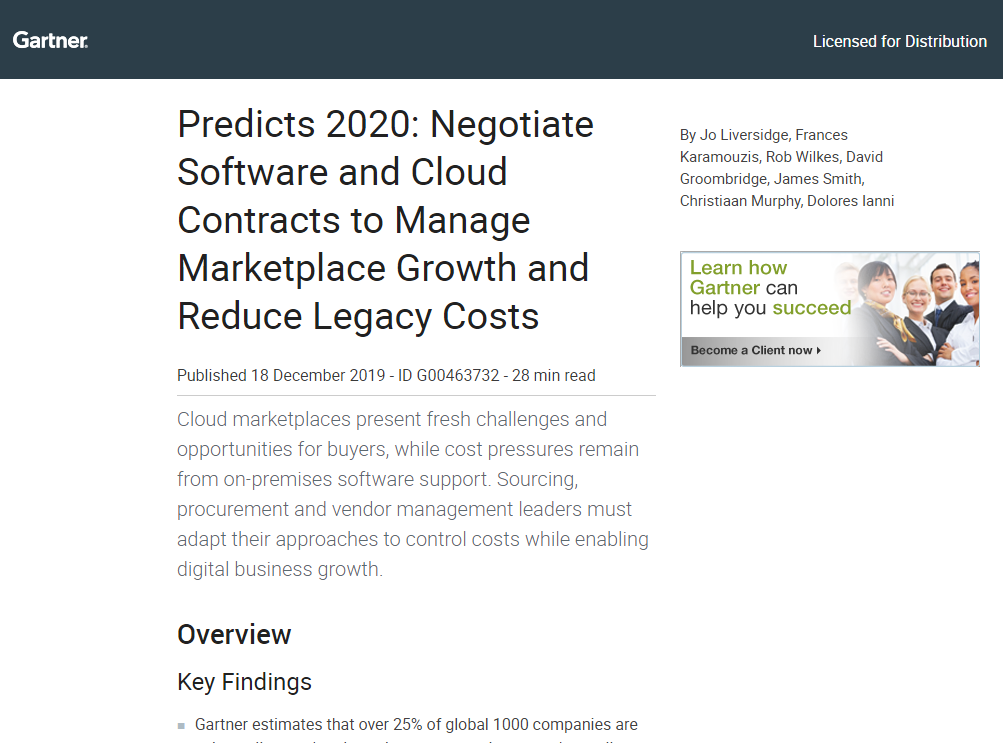 Gartner Research Report − Predicts 2020: Negotiate Software and Cloud Contracts to Manage Marketplace Growth and Reduce Legacy Costs