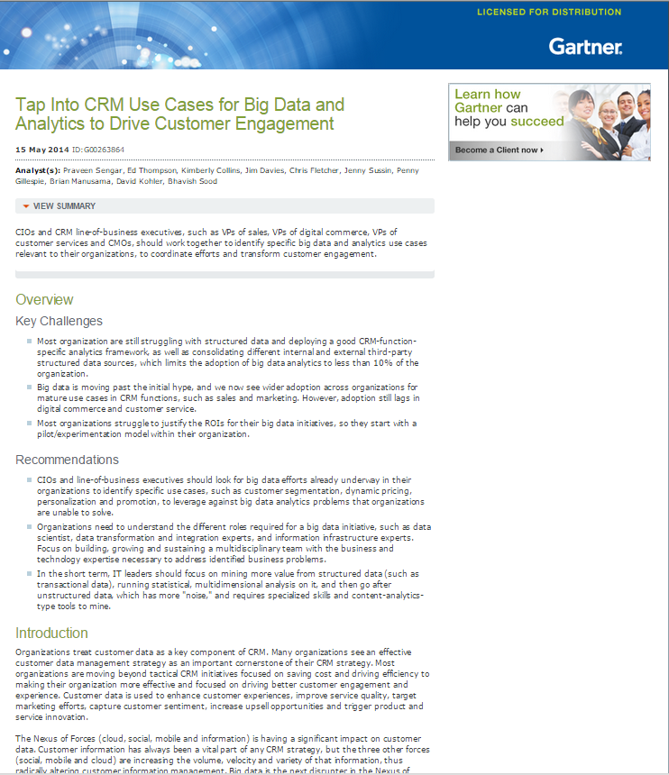 Gartner Research: Tap Into CRM Use Cases for Big Data and Analytics to Drive Customer Engagement