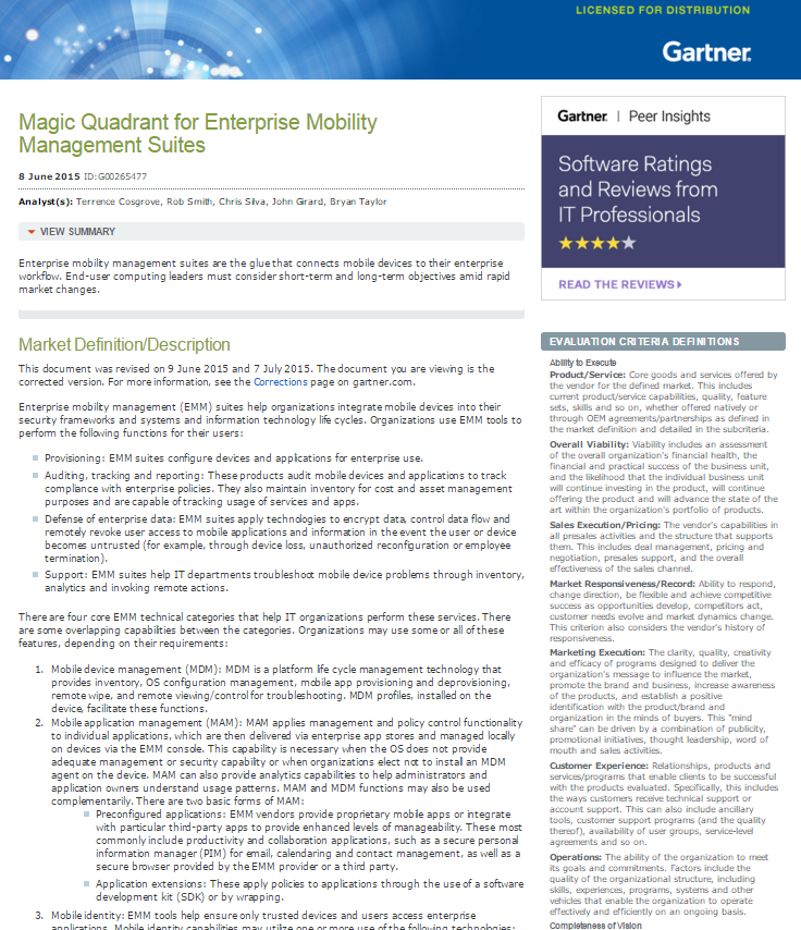 Analyst Report: Gartner Magic Quadrant for Enterprise Mobility Management 2015