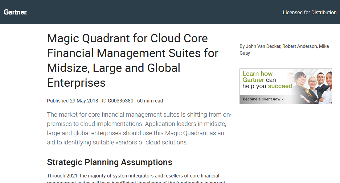 2018 Gartner Magic Quadrant for Cloud Core Financial Management Suites