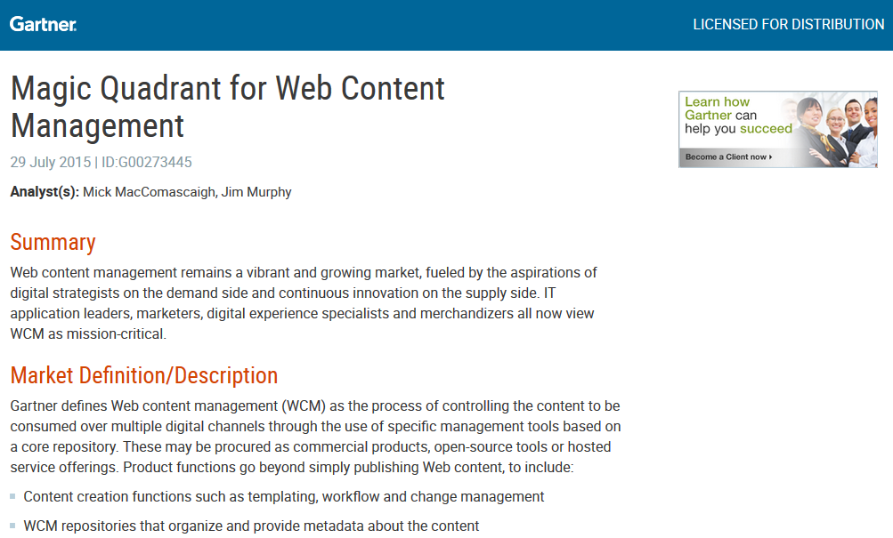Gartner: Magic Quadrant for Web Content Management