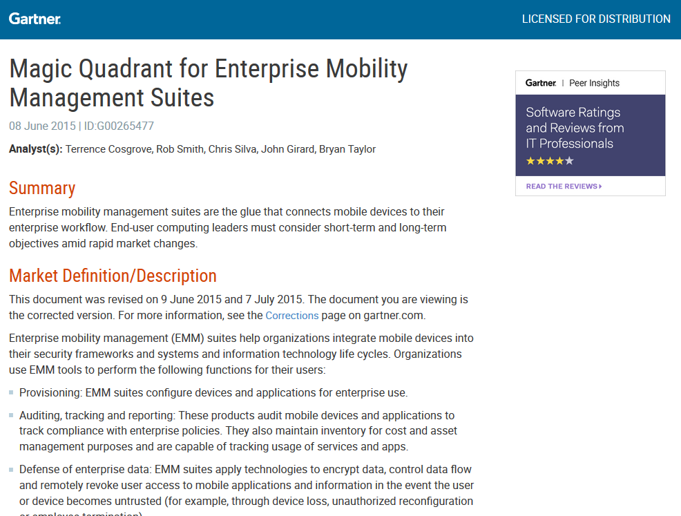 Analyst Report: Gartner Magic Quadrant for Enterprise Mobility Management 2015